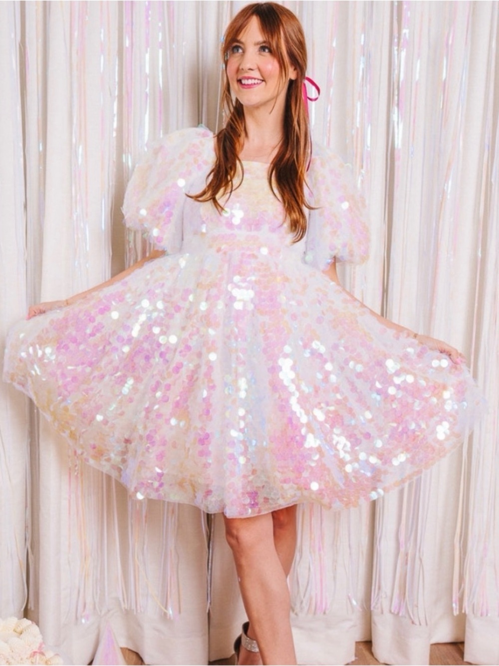 NWT Ivy City Co Iridescent Sequin Puff-Sleeve Party Dress - Pink, Cream